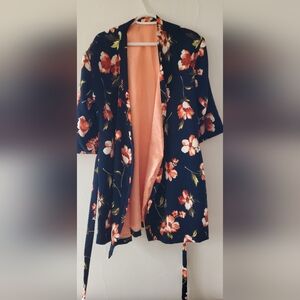 Floral Black Kimono with Pink Cherry Blossom Satin Lining